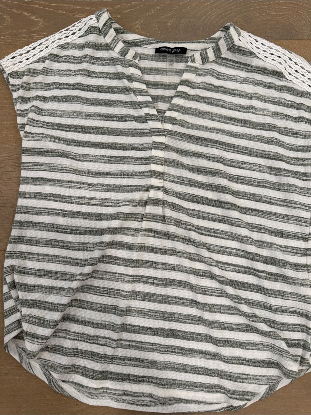 Cable & Gauge White and Olive Striped Crochet-Shoulder Top